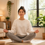 1-minute habits to boost mood, a person smiling by a sunny morning window
