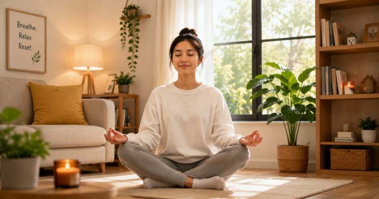 1-minute habits to boost mood, a person smiling by a sunny morning window