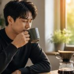 Drinking coffee every morning, a person enjoying a cup of black coffee by a sunny window