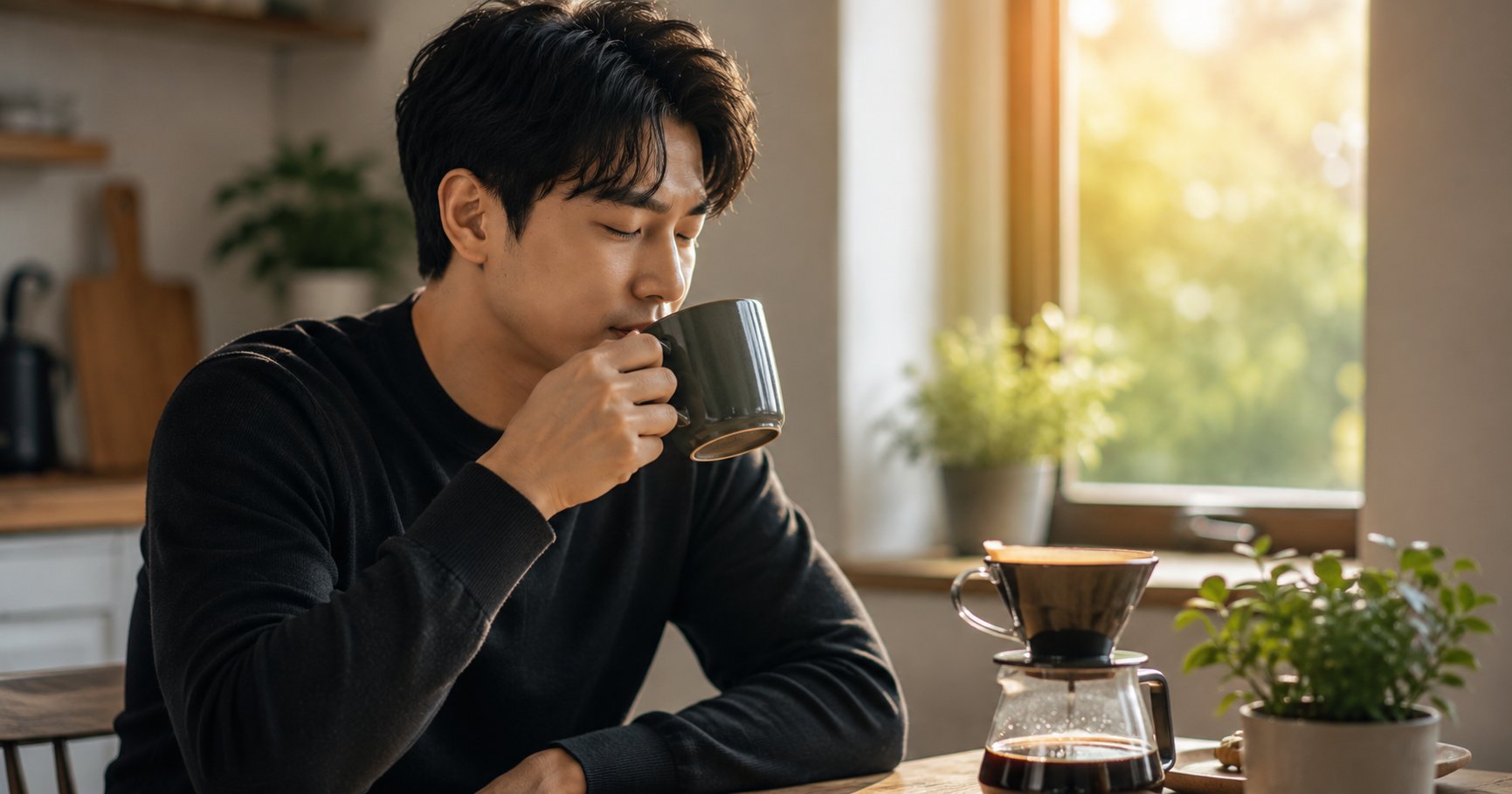 Drinking coffee every morning, a person enjoying a cup of black coffee by a sunny window