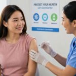 HPV and cervical cancer, a young woman receiving a vaccination from a healthcare worker