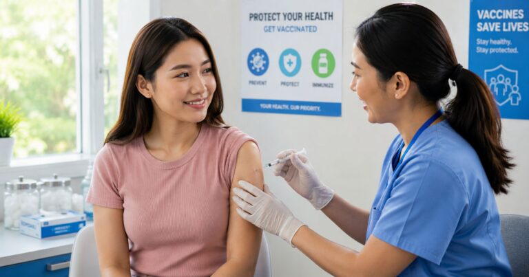 HPV and cervical cancer, a young woman receiving a vaccination from a healthcare worker