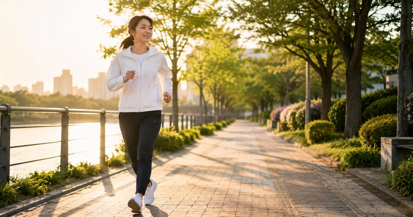 Japanese walking, a person doing brisk interval walking in a park
