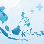Southeast Asia cancer statistics, a map of the ASEAN region with medical data icons