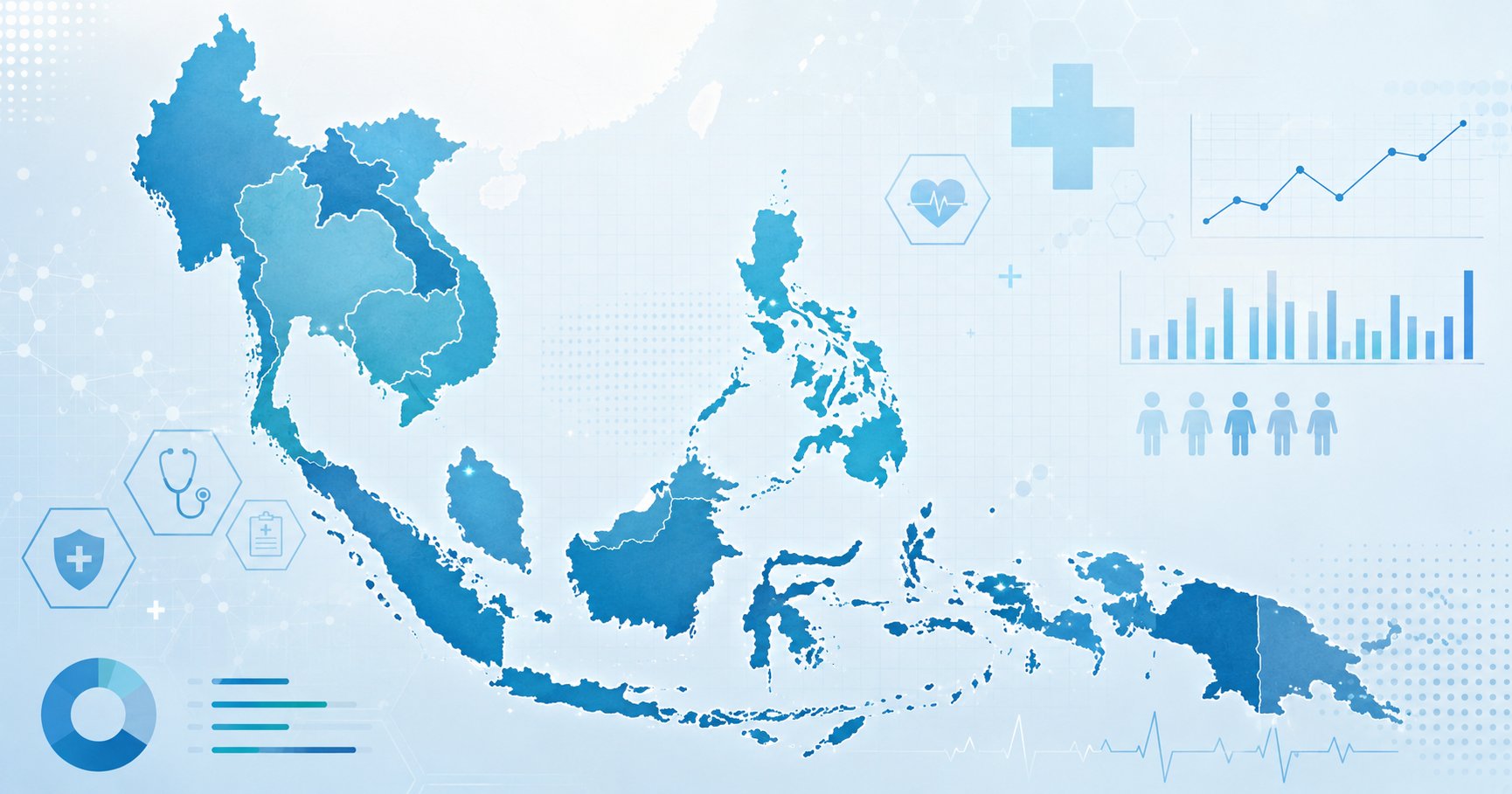 Southeast Asia cancer statistics, a map of the ASEAN region with medical data icons