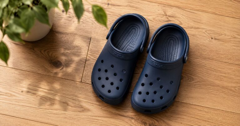 are Crocs bad for your feet, a pair of classic Crocs clogs on a wooden floor