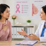 breast cancer signs, a woman discussing breast health with her doctor