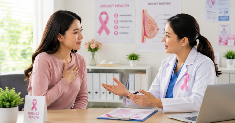 breast cancer signs, a woman discussing breast health with her doctor