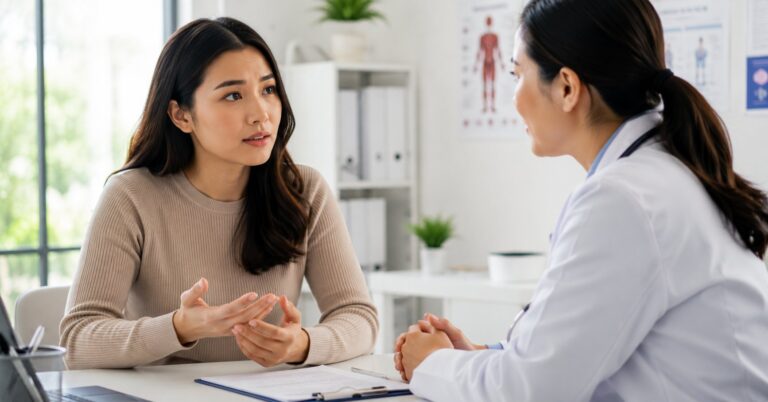 cancer in young people, a young adult discussing health concerns with a doctor