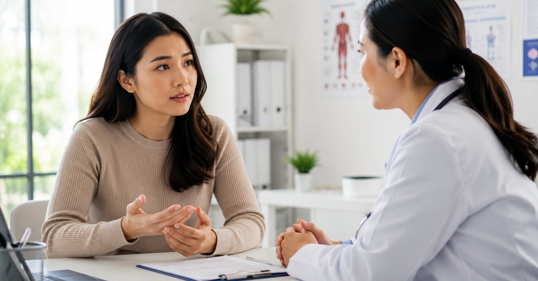 cancer in young people, a young adult discussing health concerns with a doctor