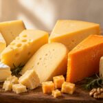 cheese color comparison, white, yellow, and orange cheese wedges side by side