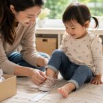 choosing children's shoes for healthy foot development, a toddler's foot being measured for a new shoe