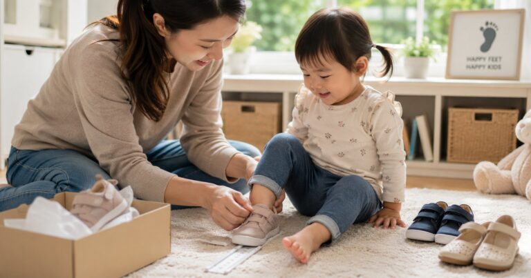 choosing children's shoes for healthy foot development, a toddler's foot being measured for a new shoe