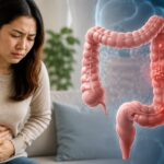 Colon cancer symptoms, a doctor explaining the digestive system to a patient