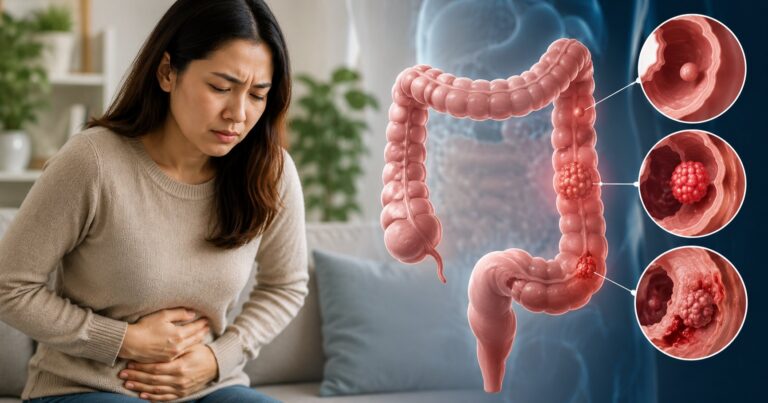 Colon cancer symptoms, a doctor explaining the digestive system to a patient
