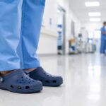 Crocs for healthcare workers, a nurse in scrubs wearing Crocs clogs on a hospital floor