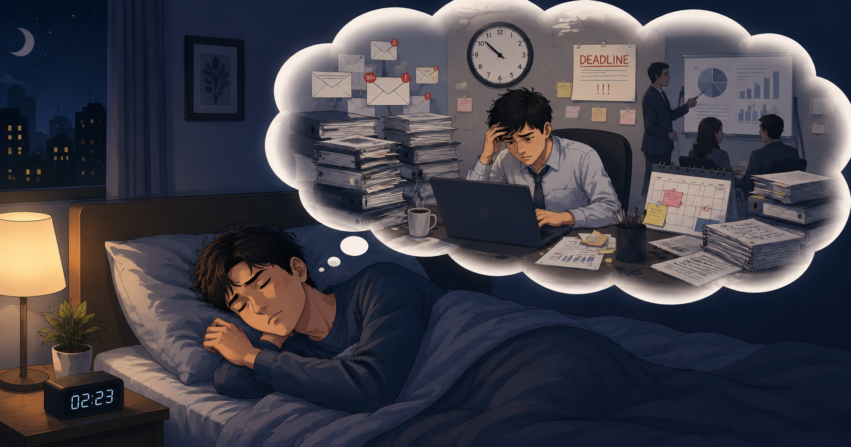 dreaming about work, a tired person asleep at a desk