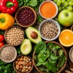 foods to lower cancer risk, a colorful table of vegetables, fruits, whole grains, and beans