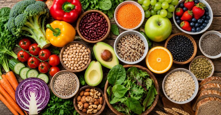 foods to lower cancer risk, a colorful table of vegetables, fruits, whole grains, and beans
