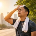 heat stroke prevention, a person drinking water under the hot sun