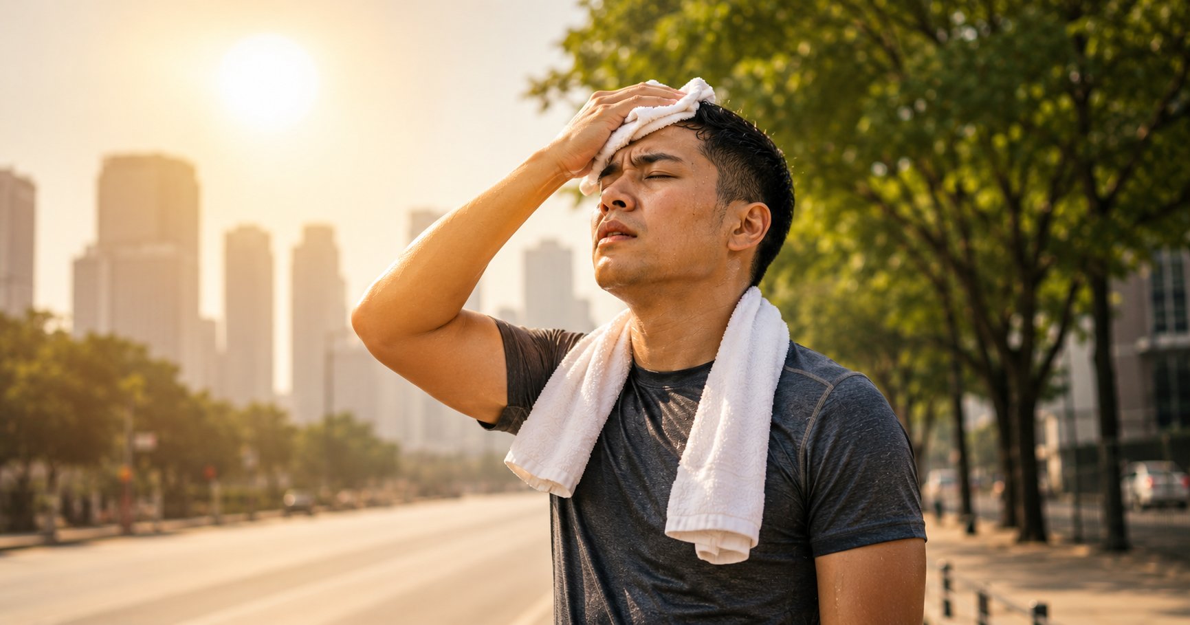 heat stroke prevention, a person drinking water under the hot sun