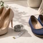high heels and foot health, elegant heels beside supportive flat shoes