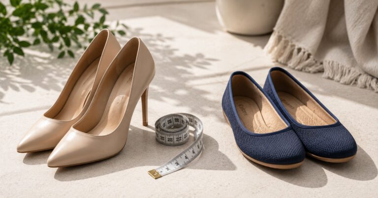 high heels and foot health, elegant heels beside supportive flat shoes