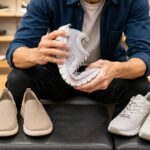 how to choose healthy shoes, a person testing the flexibility of a sneaker before buying