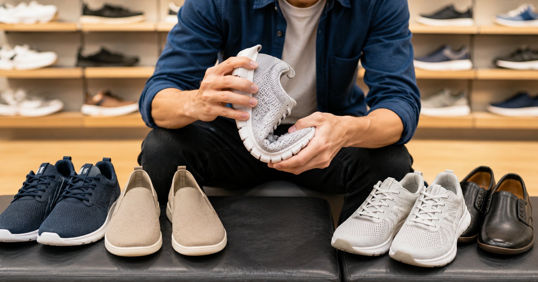 how to choose healthy shoes, a person testing the flexibility of a sneaker before buying