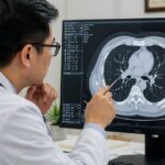 lung cancer symptoms, a doctor reviewing a chest CT scan