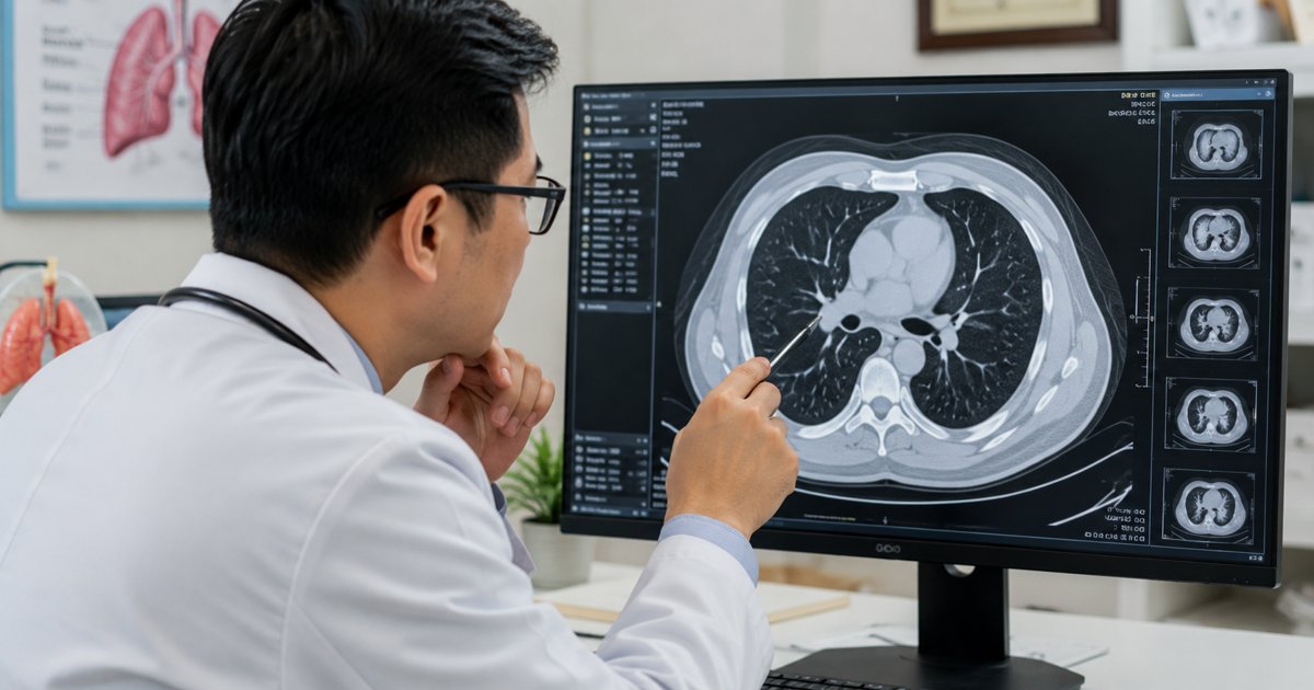 lung cancer symptoms, a doctor reviewing a chest CT scan
