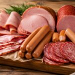 processed meat and cancer, an assortment of sausages, ham, and bacon on a board