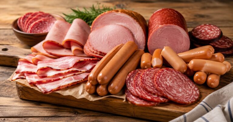 processed meat and cancer, an assortment of sausages, ham, and bacon on a board