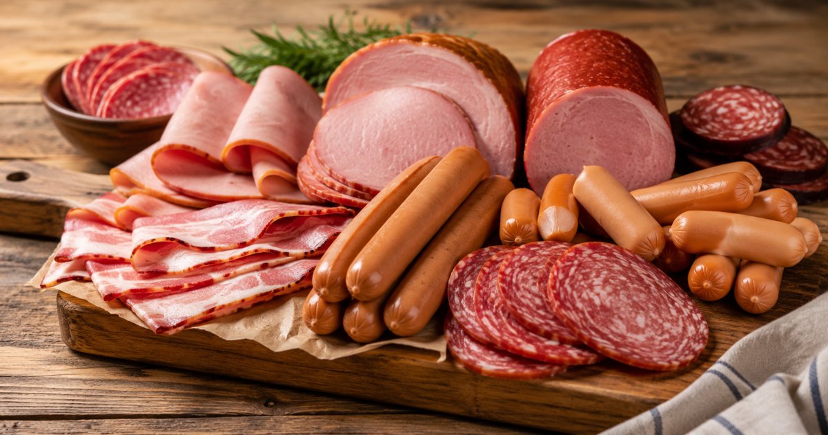 processed meat and cancer, an assortment of sausages, ham, and bacon on a board
