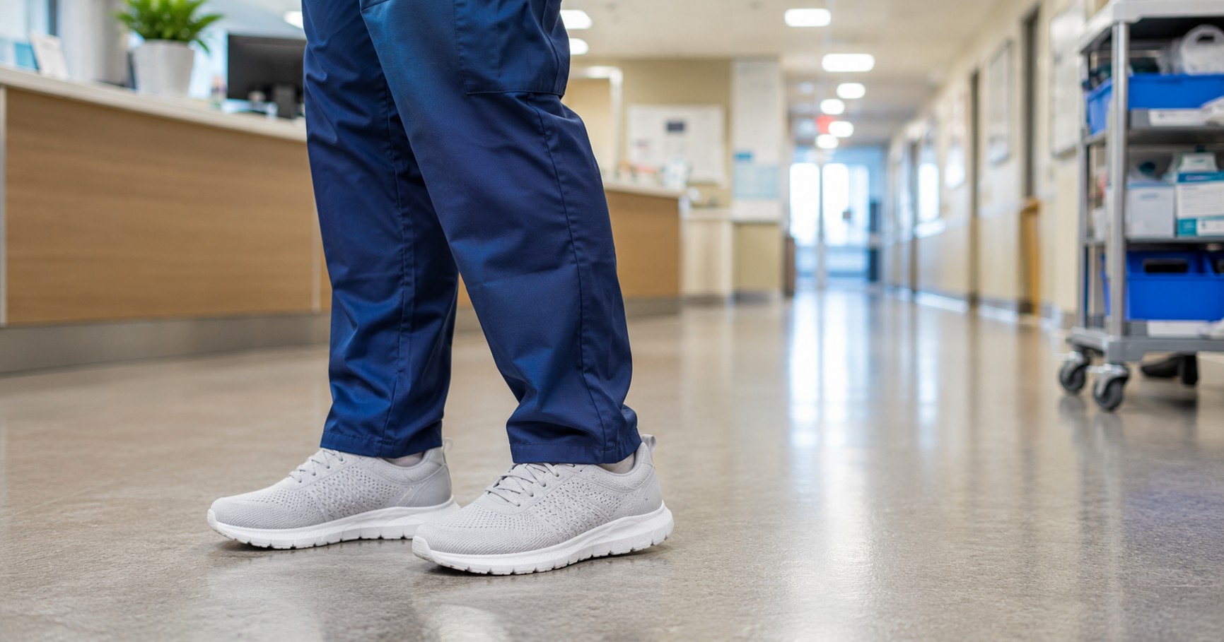 shoes for standing all day, a worker in supportive sneakers on a hard floor during a long shift