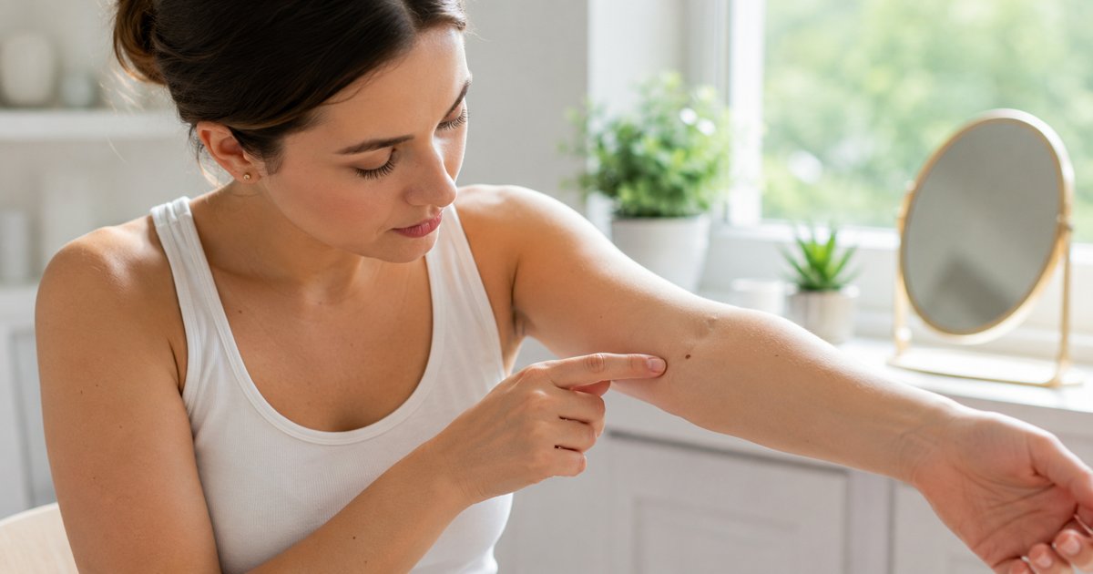 skin cancer warning signs, a person checking a mole on their arm