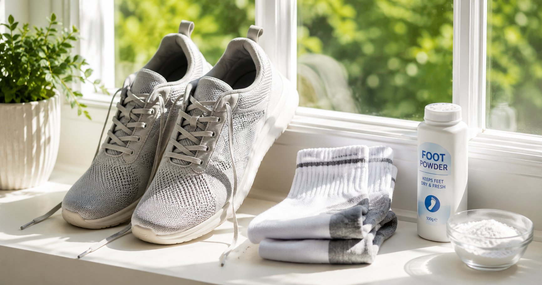 how to fix smelly feet, shoes airing out beside fresh socks and foot powder