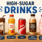 sugar and skin aging, a sugary iced coffee beside a person checking their skin