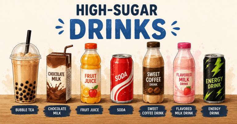 sugar and skin aging, a sugary iced coffee beside a person checking their skin