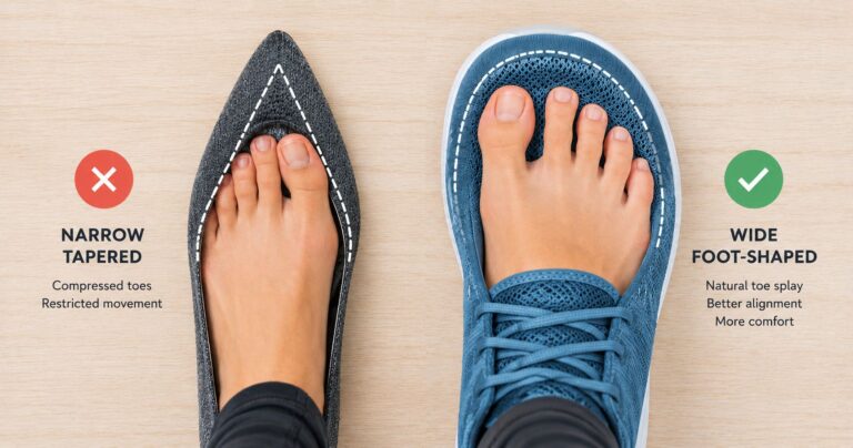 toe box width and foot health, a foot spreading naturally in a wide toe box shoe