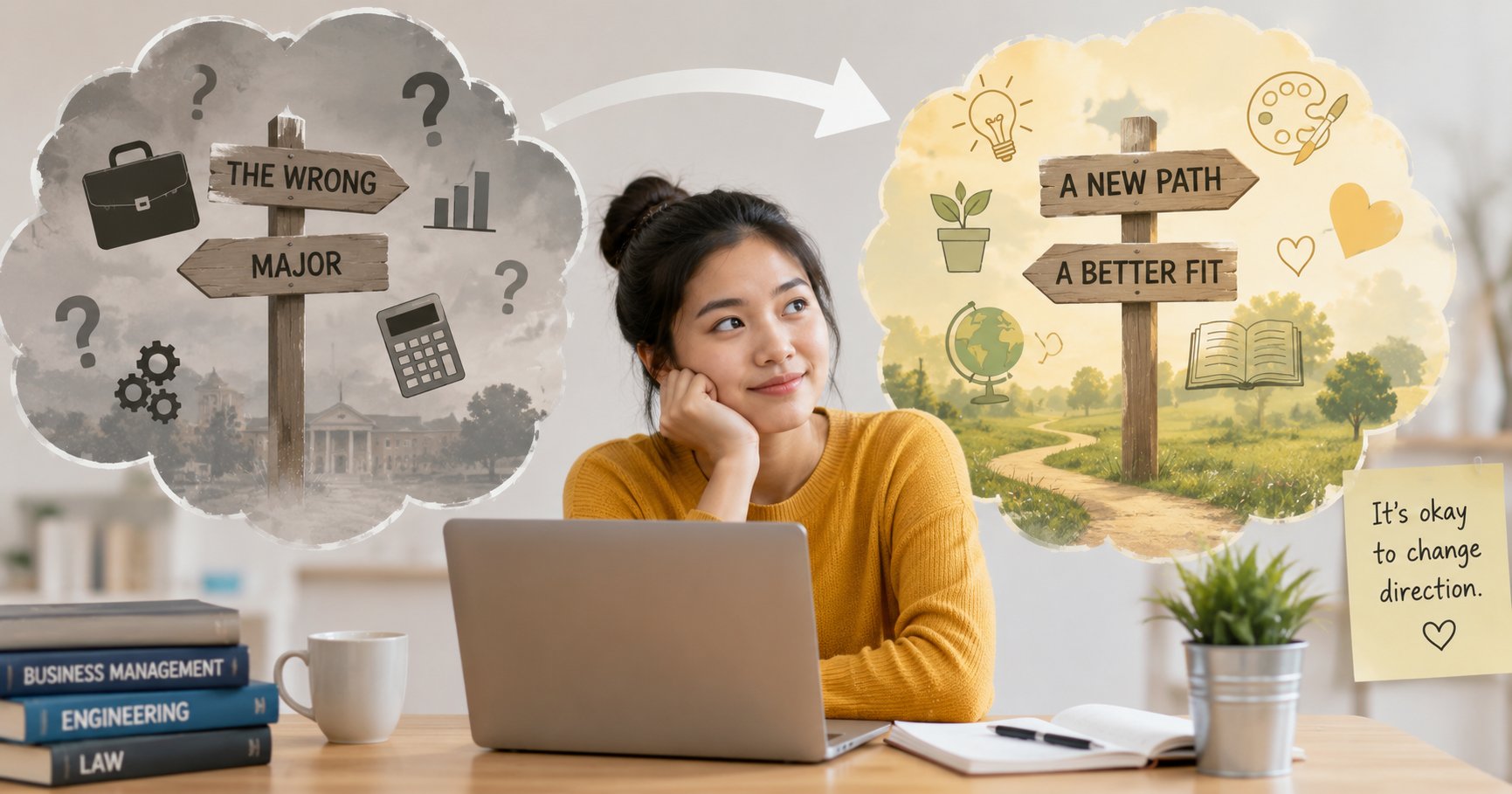 wrong college major, a thoughtful young graduate reflecting on career direction