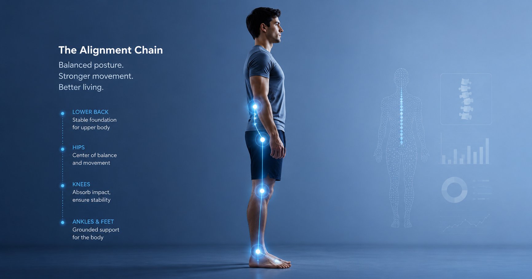 wrong shoes affecting the whole body, the alignment chain from feet to knees hips and back