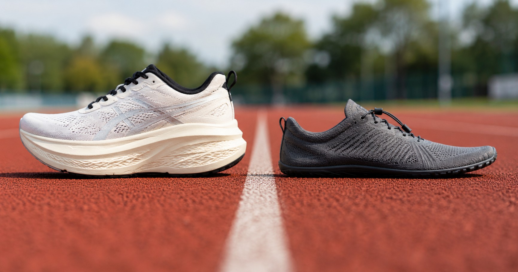 maximalist vs minimalist shoes, a thick cushioned running shoe beside a thin minimalist one