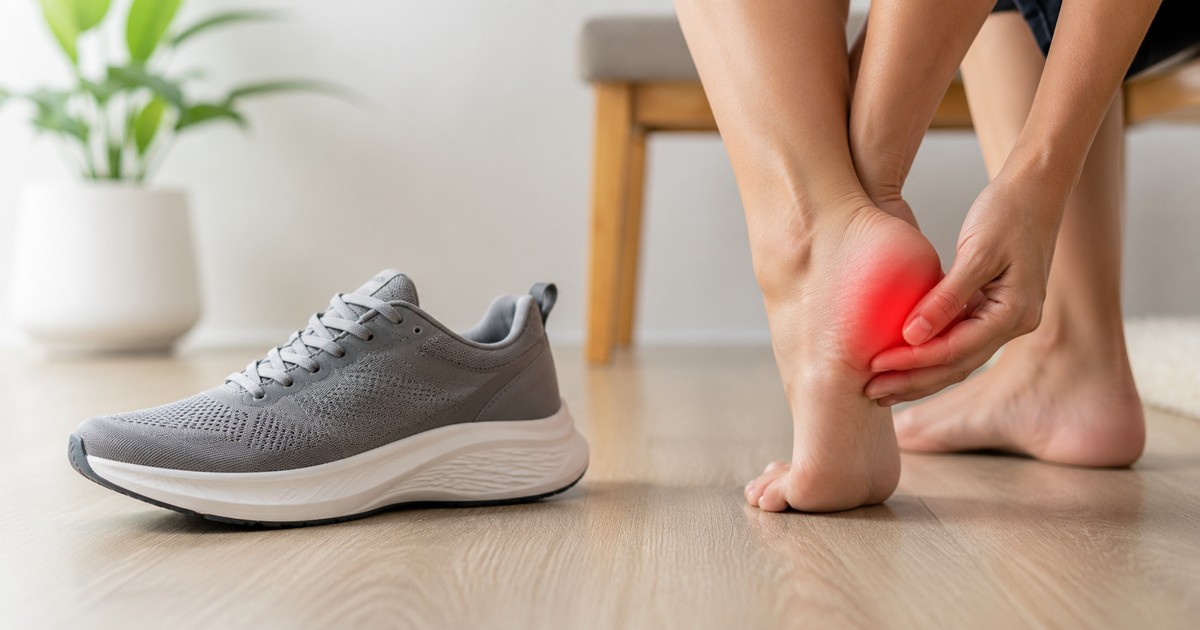 shoes for plantar fasciitis, a supportive cushioned sneaker beside a person rubbing a sore heel