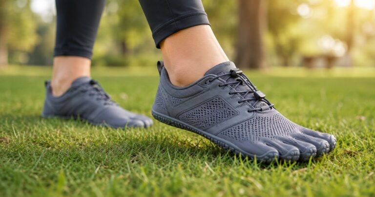 how to transition to barefoot shoes safely, a person walking gently in minimalist shoes on grass